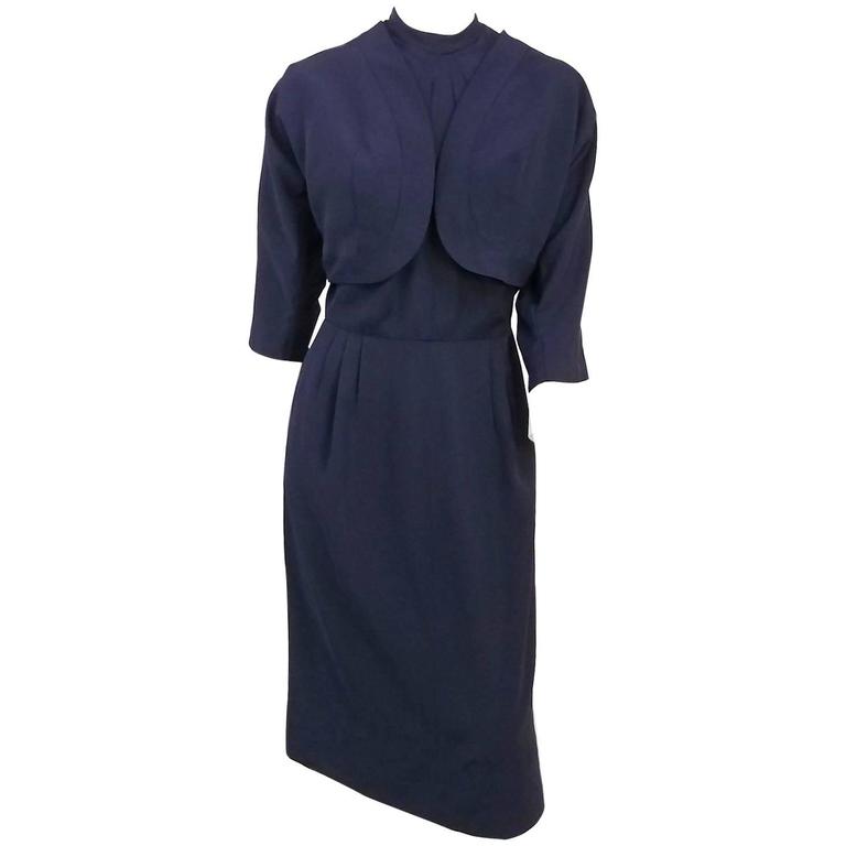 60s Navy Blue Dress and Bolero Set For Sale at 1stdibs