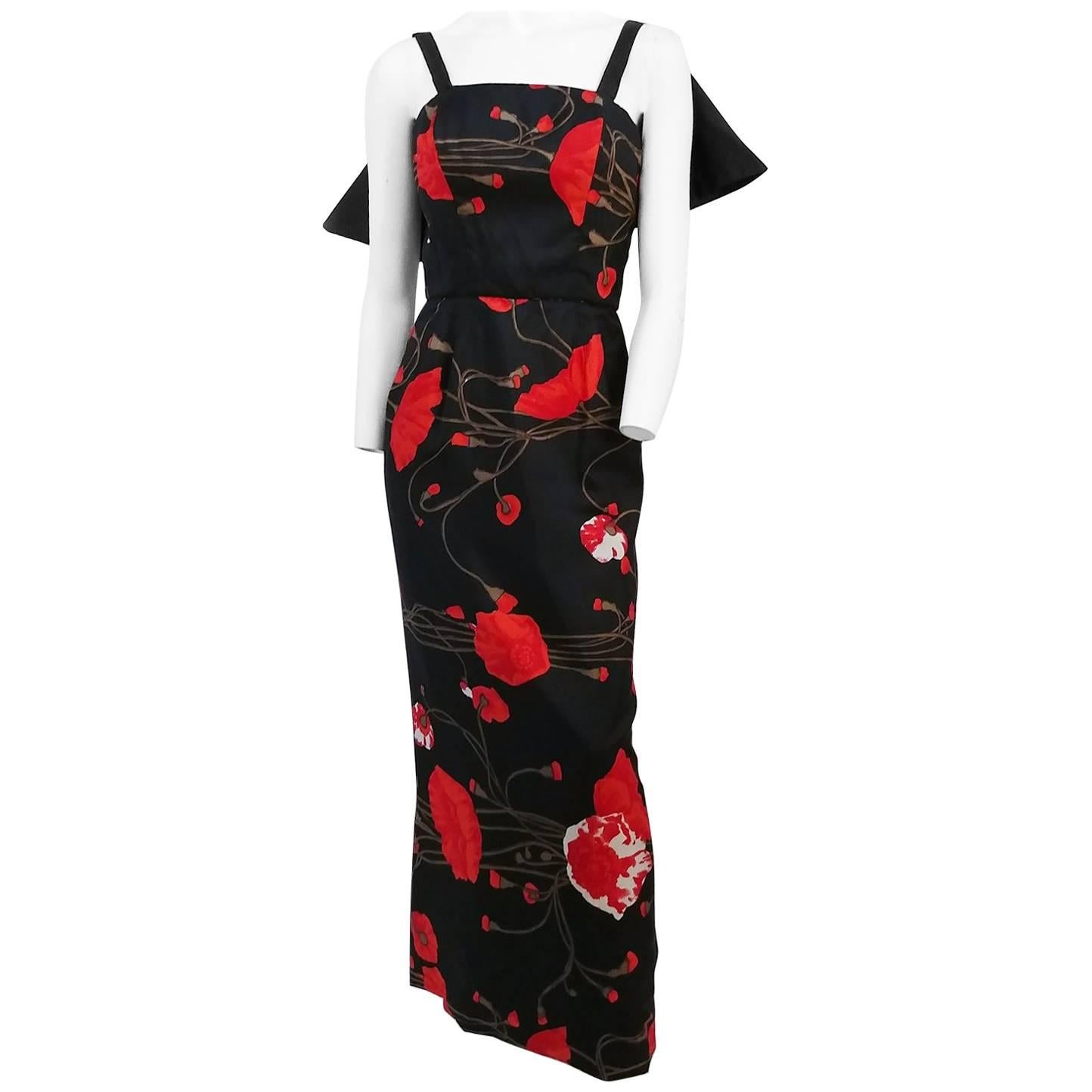 60s Poppy Printed Silk Column Dress w/ Satin Back Bow For Sale