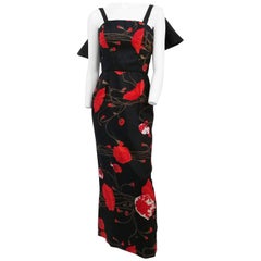 60s Poppy Printed Silk Column Dress w/ Satin Back Bow
