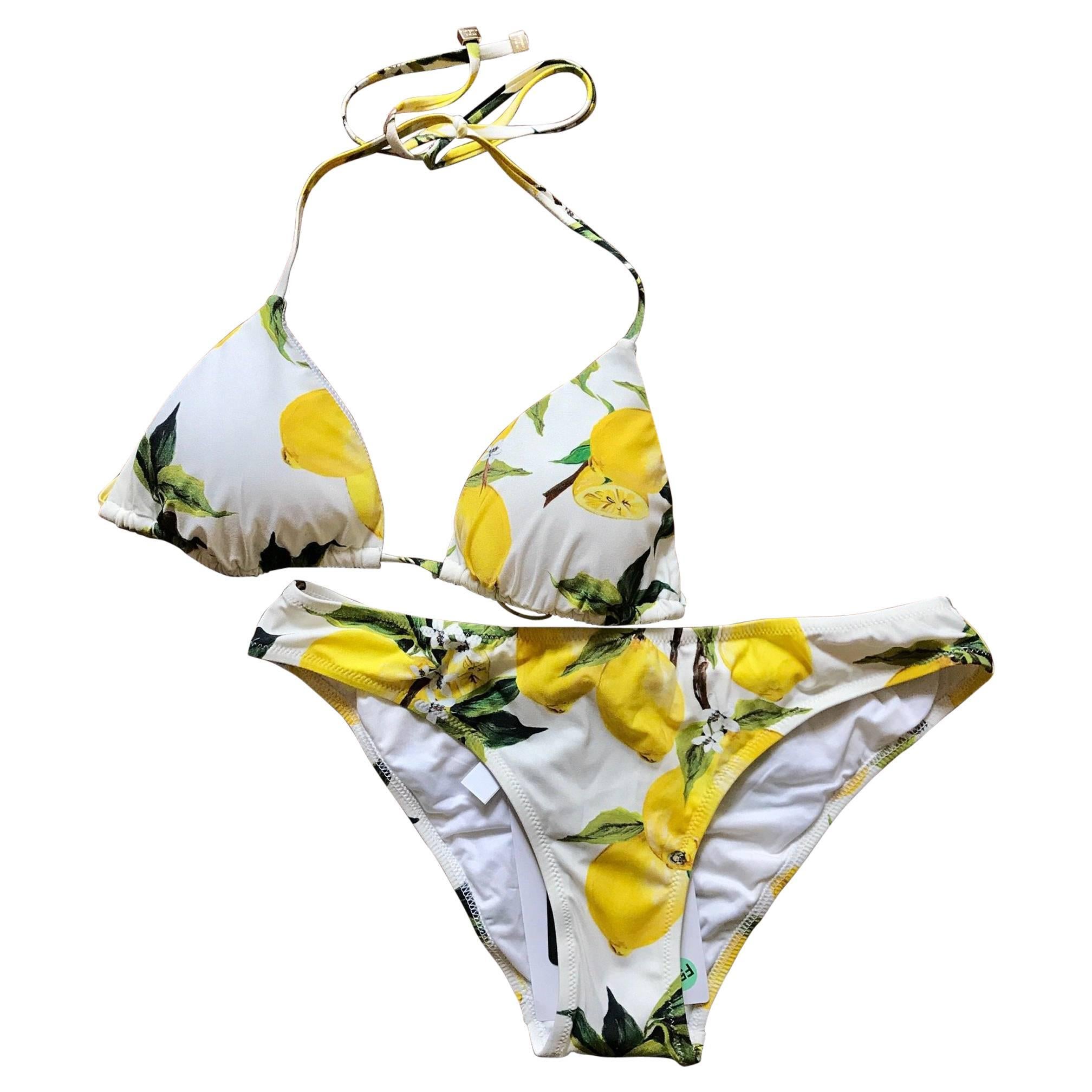 Neu Dolce & Gabbana Lemon Print Weiß Gelb Bikini Badeanzug Badeanzug