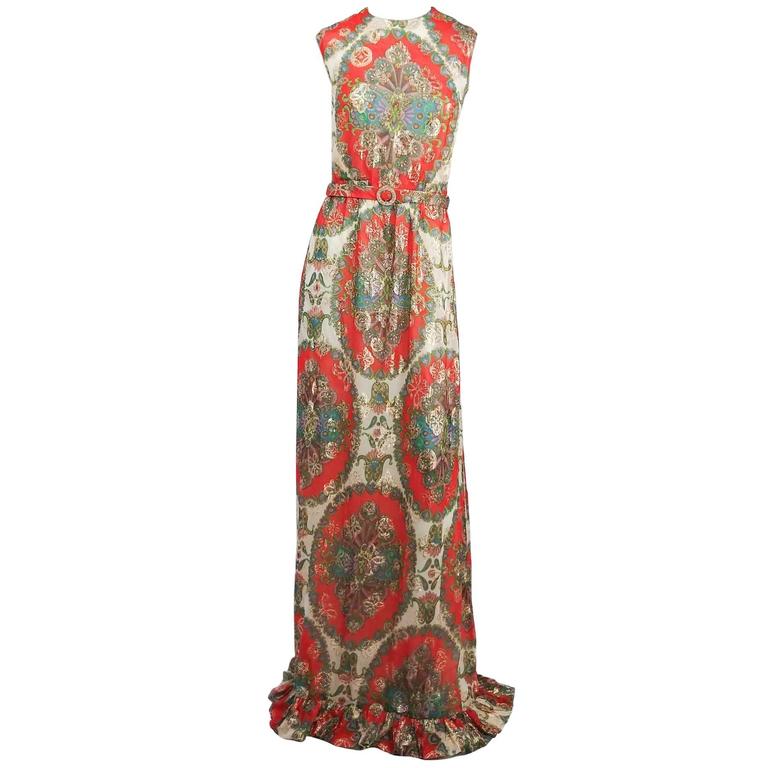 60s Printed Chiffon Maxi Dress w/ Metallic Threads and Matching Scarf ...