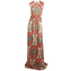 60s Printed Chiffon Maxi Dress w/ Metallic Threads & Matching Scarf