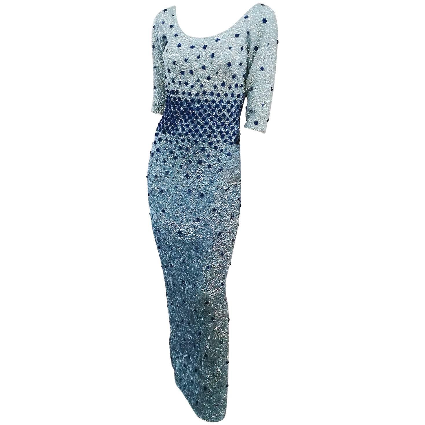 60s Blue Sequin Cocktail Dress For Sale