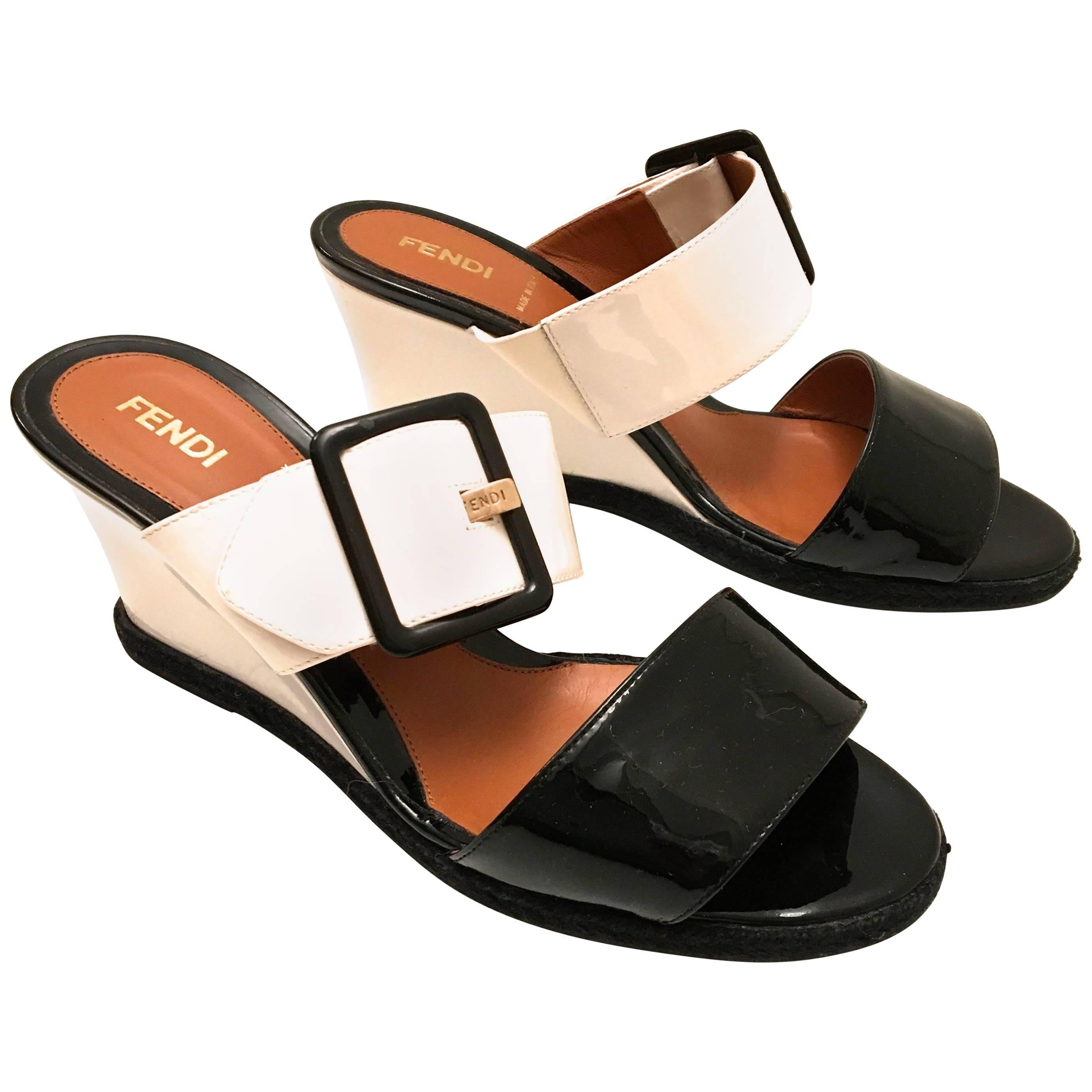 Fendi Patent Leather Wedges - Black and White - Size 37.5 For Sale