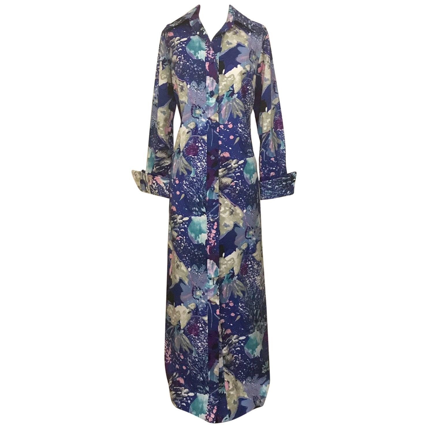 Tori Richard for I Magnin Blue and Purple Hawaiian Print Maxi Shirt Dress, 1970s