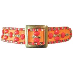 1960's Colorful Orange and Coral Hue Jeweled Belt with Gold Hardware Size 2 4 5