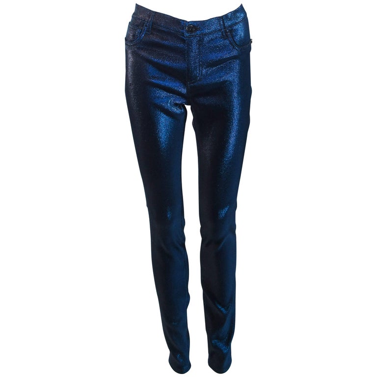 CHANEL Iridescent Metallic Blue Stretch Pants Size 40 at 1stDibs ...