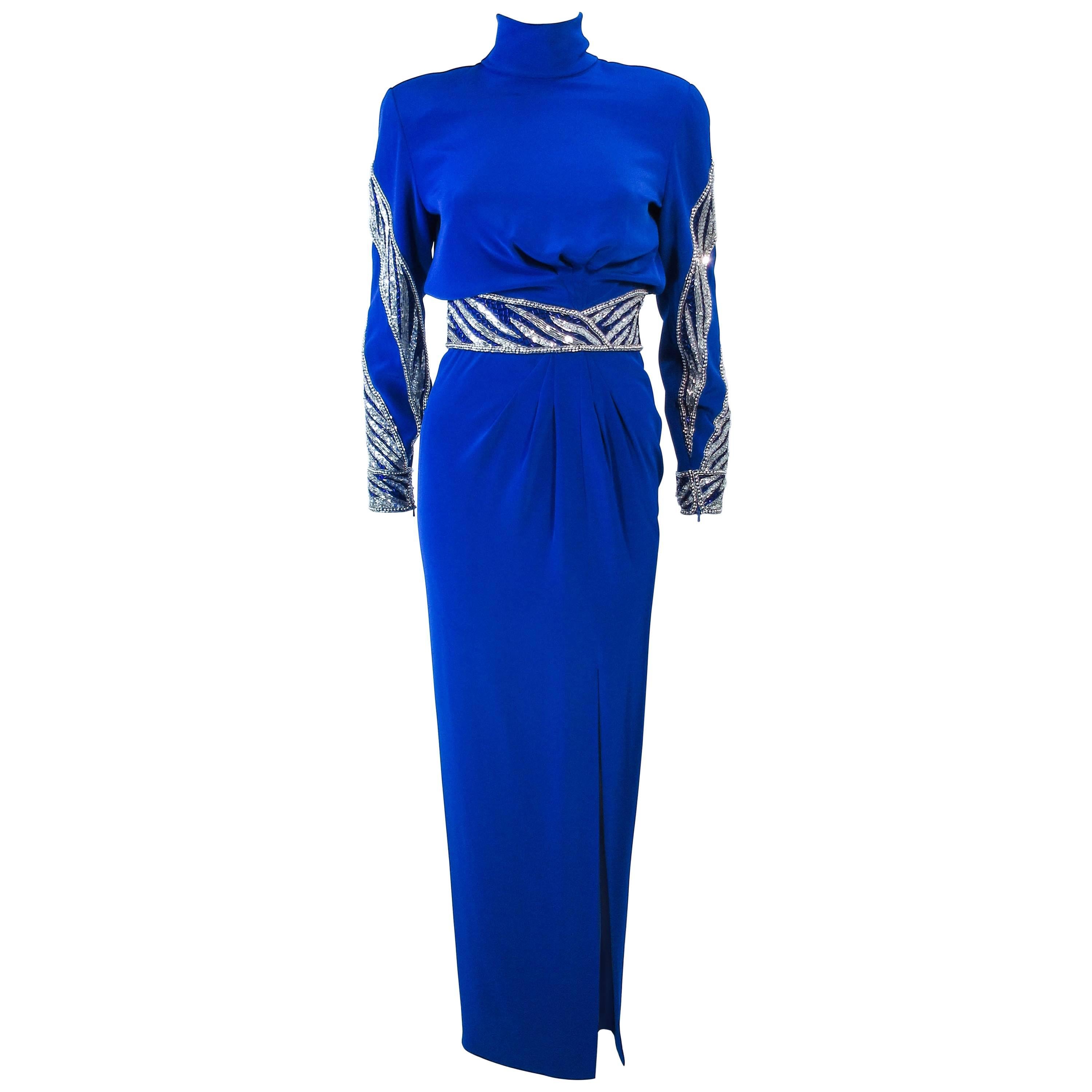 BOB MACKIE Royal Blue Gown with Beaded Applique Size 4 6 