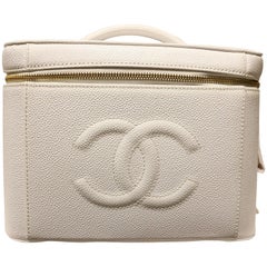 Chanel White Caviar Leather Vanity Bag with Strap