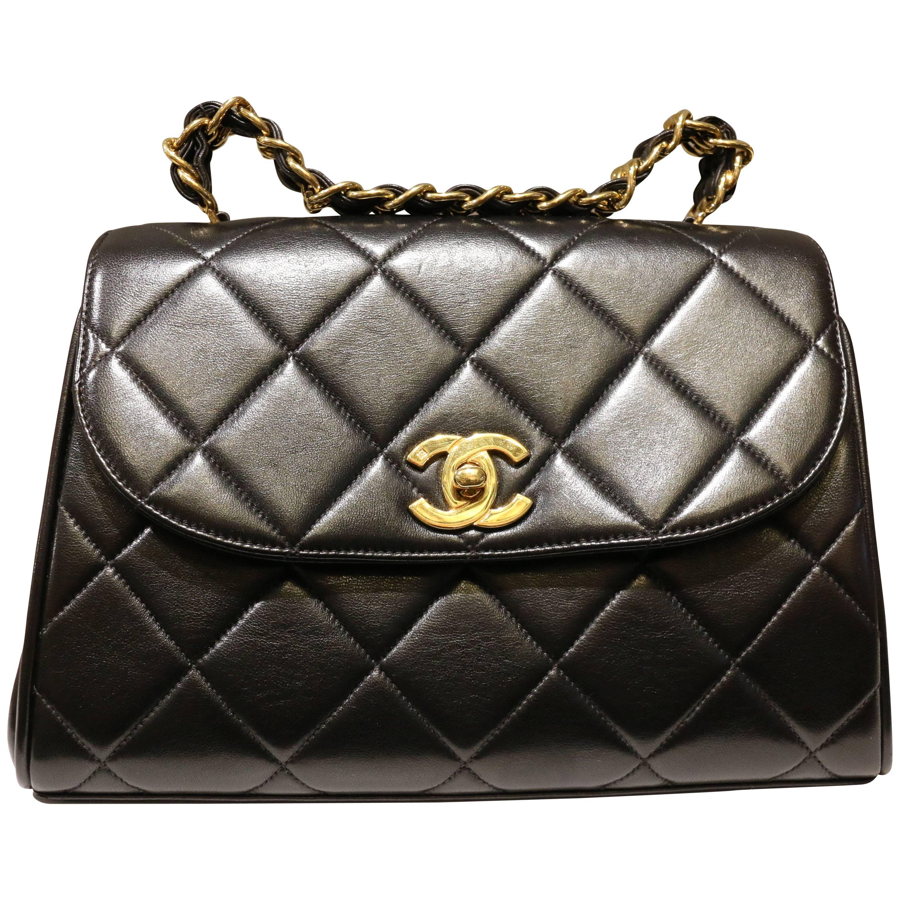 Chanel Classic Black Quilted Lambskin Gold Chain Handle Handbag