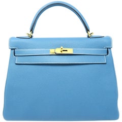 Hermes Kelly 32 Blue / Bleu Jean Togo Leather Satchel Bag