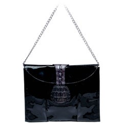 DONNA REZNIK Vintage Black Patent Leather & Crocodile Chain Strap Clutch