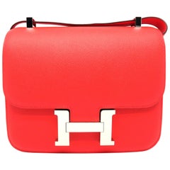 Used Hermes Constance 24 Rouge Tomate Veau Epsom Leather Silver Metal Shoulder Bag