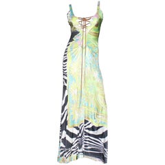 Roberto Cavalli Leather Lace Up Printed Evening Gown Maxi Dress