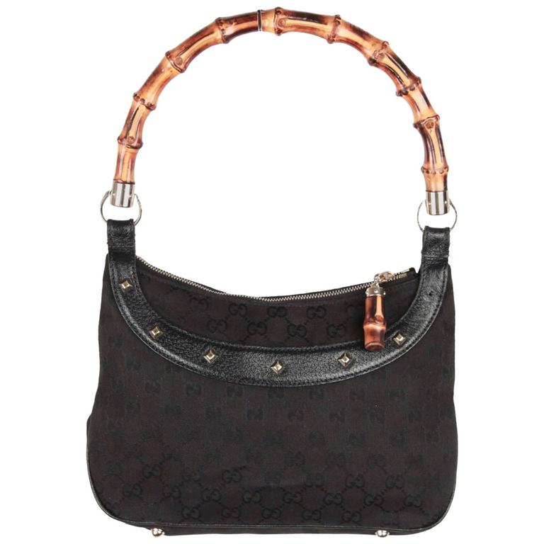 GUCCI Black Monogram Canvas HOBO BAG w/ BAMBOO For Sale at 1stdibs