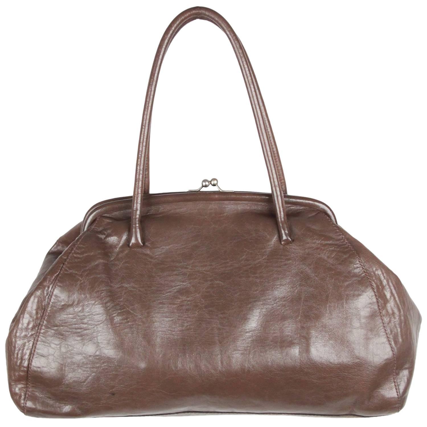 MIU MIU Taupe Leather KISS LOCK TOTE Shoulder Bag