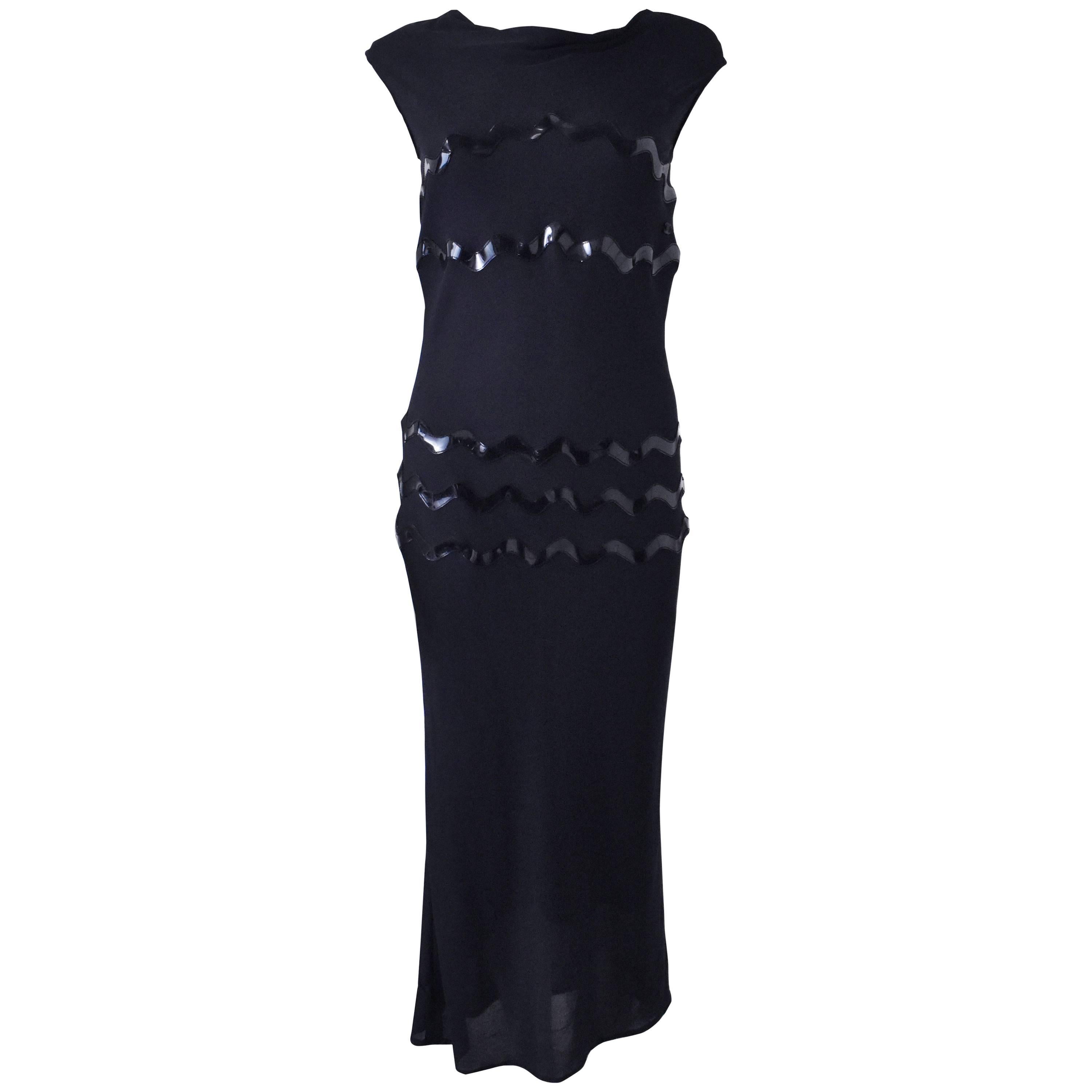 Chanel Navy Long Mesh Dress with Plastic Applique ‘Squiggles’ 1990’s For Sale