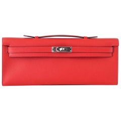 HERMES Kelly Cut Vermillion Red Clutch Bag Swift Palladium 11