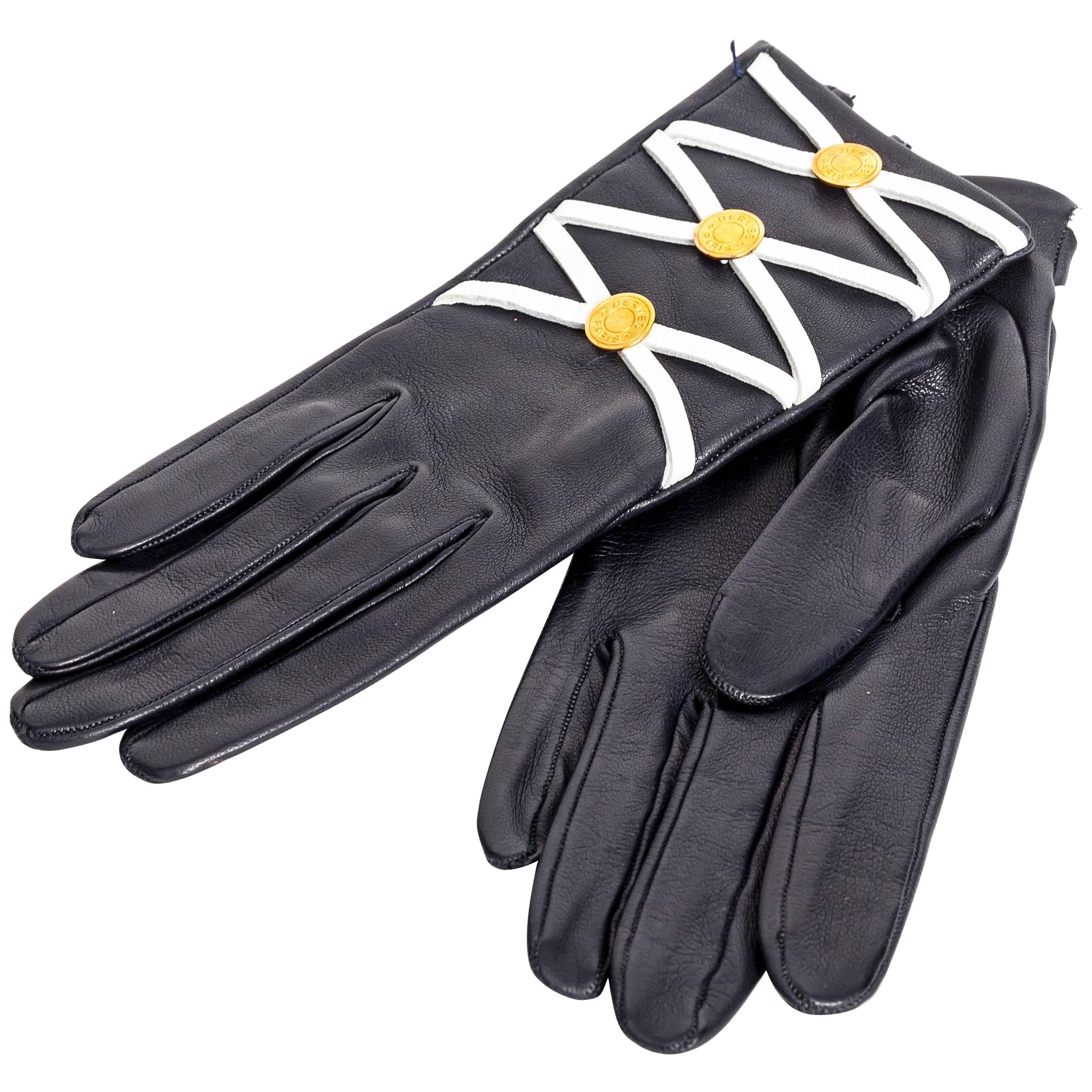 Hermes Navy Leather Gloves
