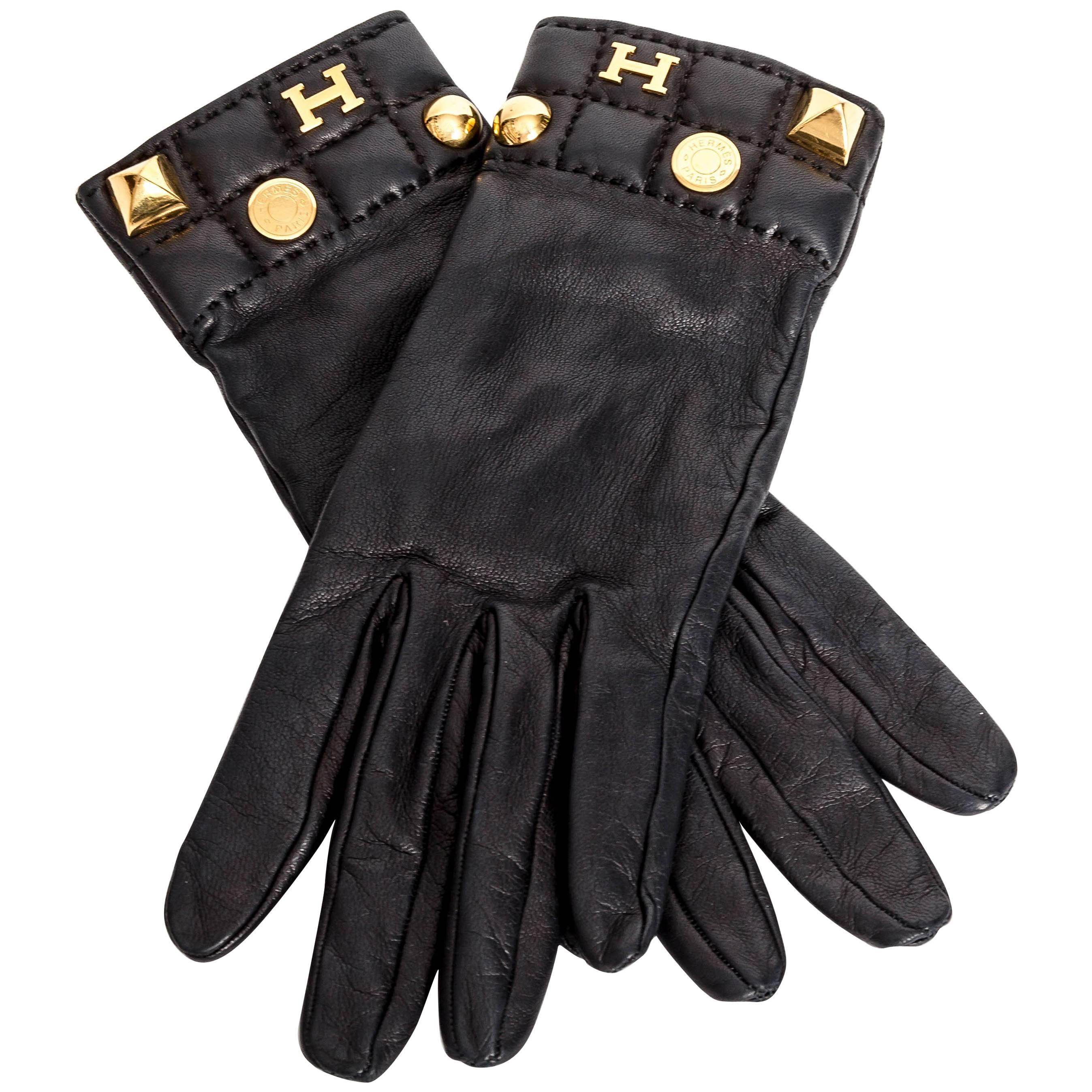 Hermes Medoru Black Leather Gloves