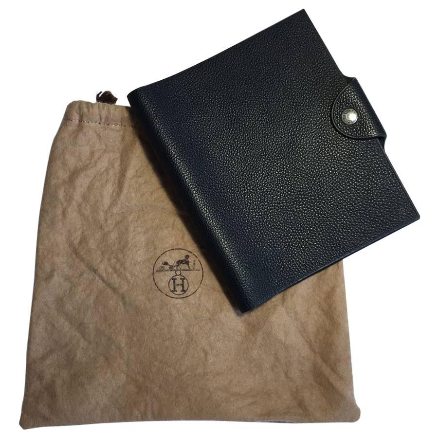 HERMES Notebook Cover Small Model in Black Grained Calf Leather For Sale
