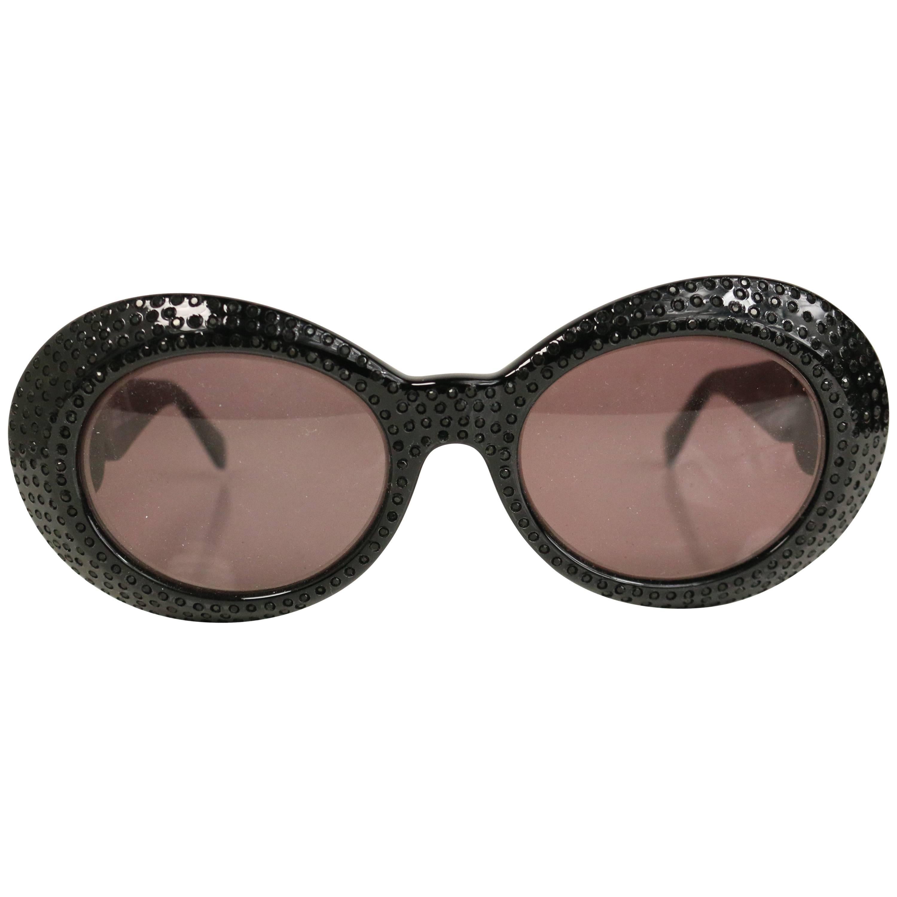 Gianni Versace Black Oval Sunglasses with Black Sapphires For Sale