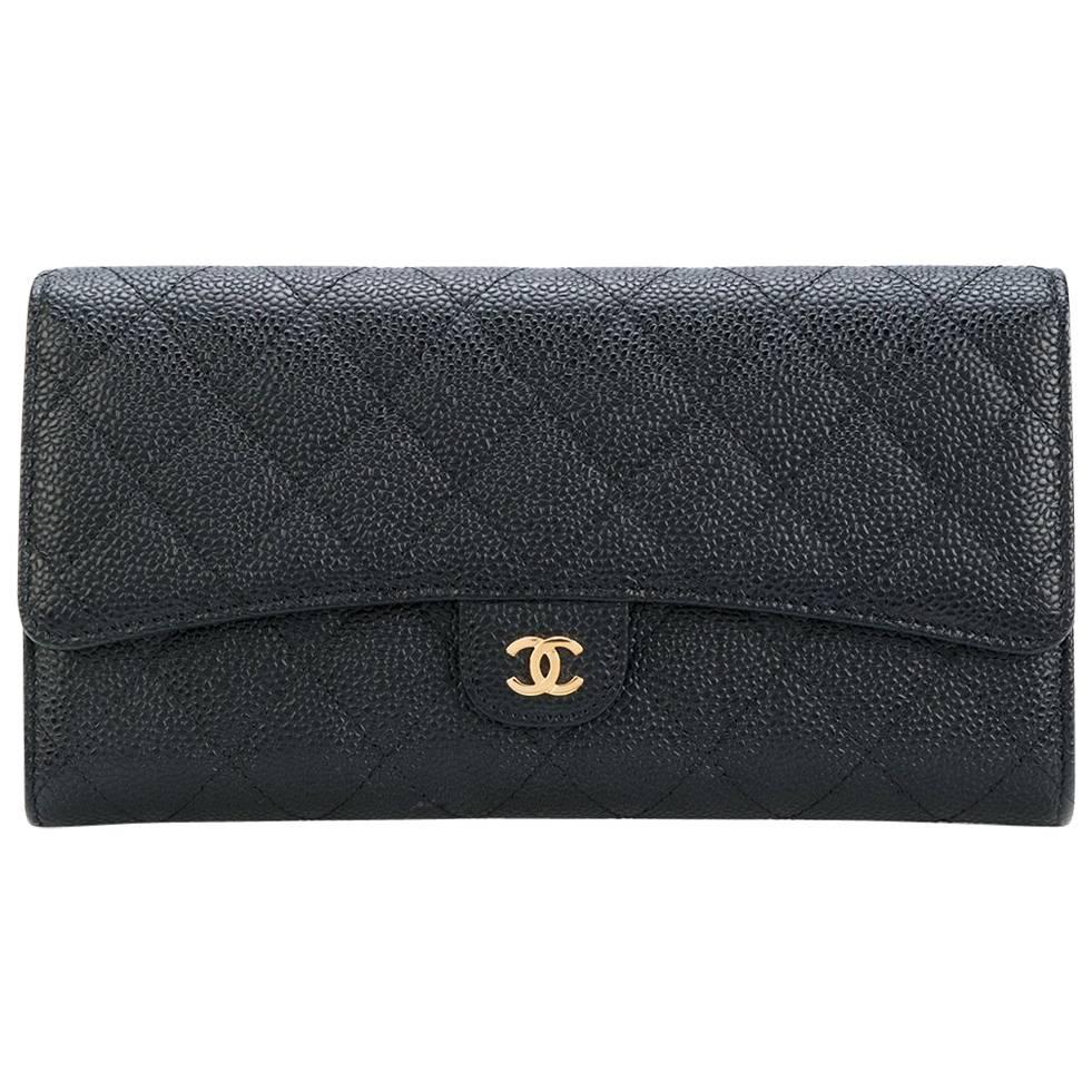 Vintage Chanel Black Quilted Caviar Leather Wallet