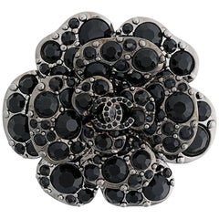 Vintage Chanel Black Crystal Camellia Brooch