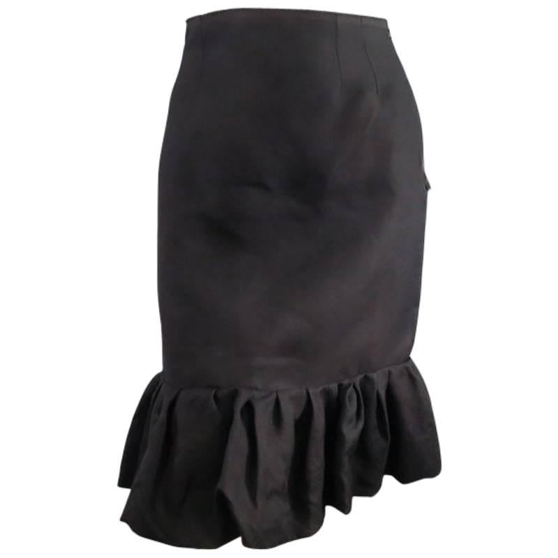 LANVIN Size 6 Black Silk Ruffle Hem Pencil Straight Skirt