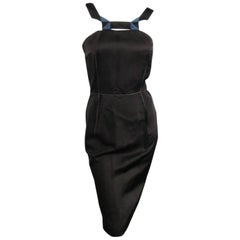 LANVIN Size 6 Black & Teal V Geometric Neckline Cocktail Dress 2006