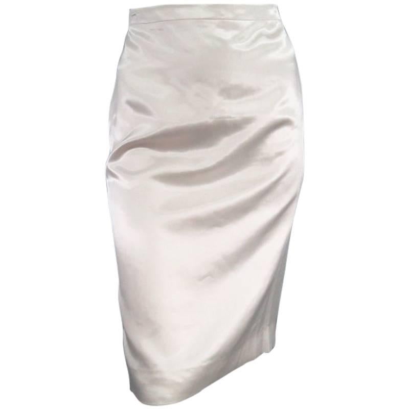 LANVIN Size 8 Cream Satin Pencil Skirt