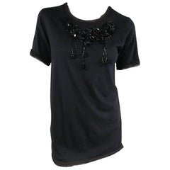 LANVIN Size M Black Sequin Embellished Raw Edge Pullover T Shirt