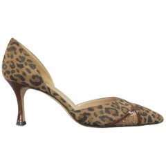 MANOLO BLAHNIK Size 7 Brown Leopard Suede Snake Detail D'Orsay Pumps 8