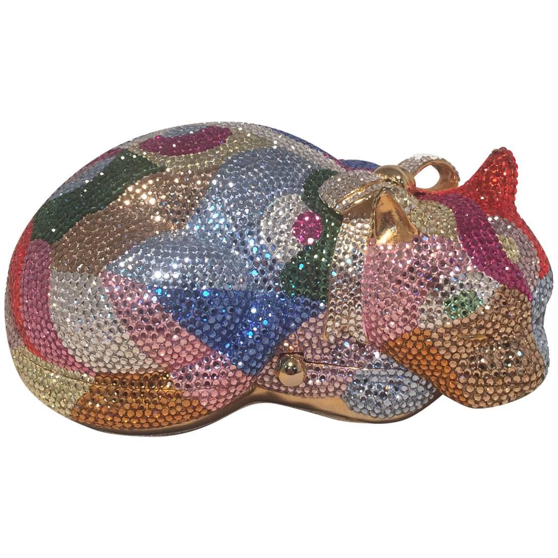 Judith Leiber Swarovski Crystal Colorful Cat Minaudiere Evening Bag
