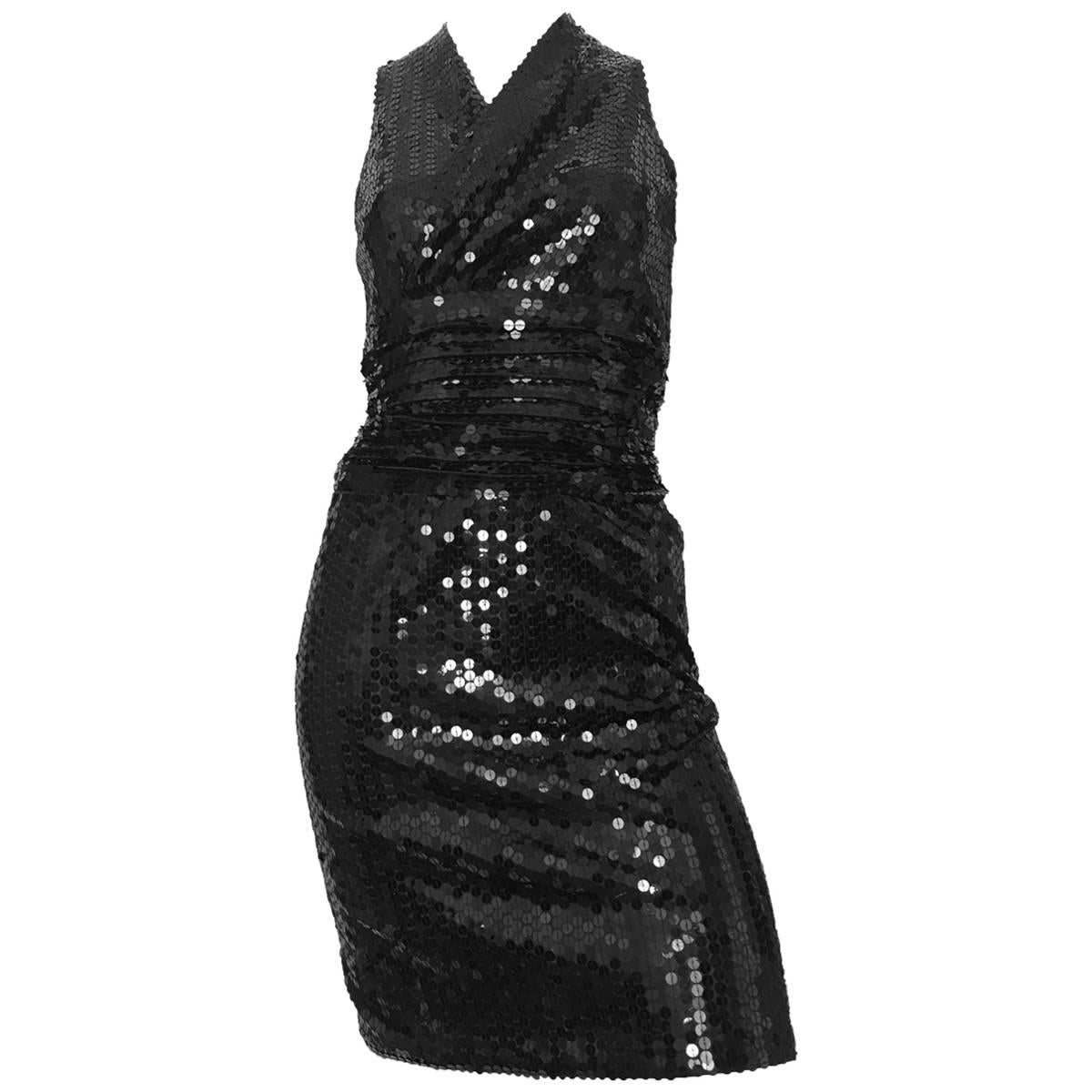 Oleg Cassini Black Sequin Cocktail Evening Dress Size 4.  For Sale