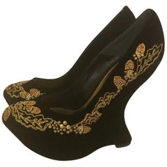 New Alexander McQueen Black Velvet Gold Acorn Embroidered Armadillo Wedges Shoes