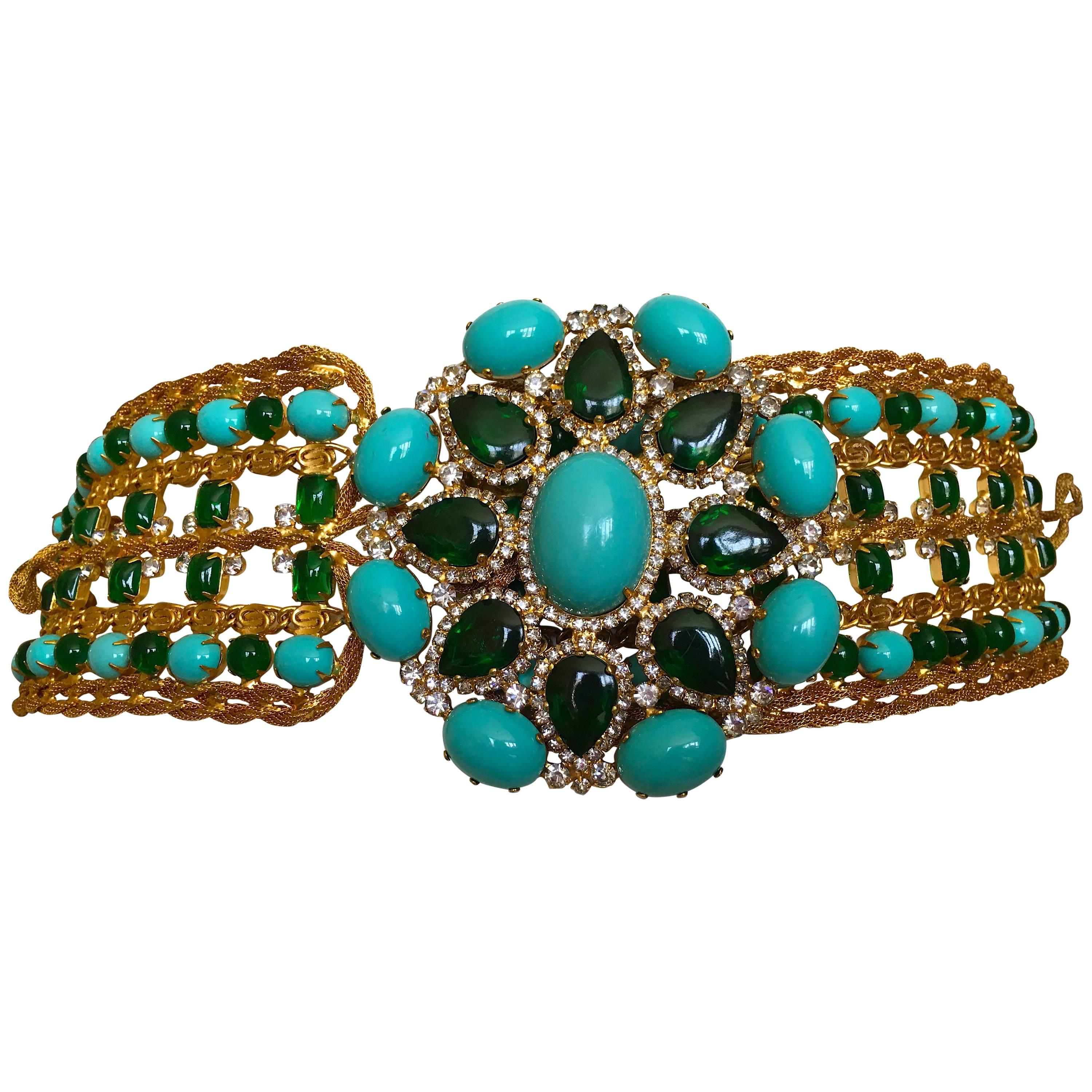 Kenneth Jay Lane Gobsmacking 1960's Faux Turquoise & Emerald Belt For Sale