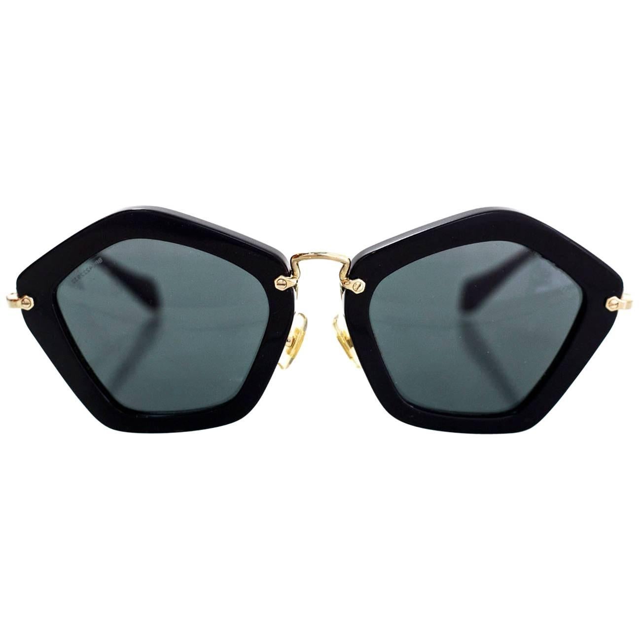 Miu Miu Black and Goldtone Noir Geometric Sunglasses with Case rt. $430