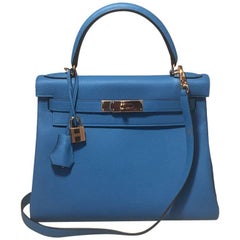 NEW Hermes 28cm Zanzibar Blue Togo Leather Kelly Bag-STUNNING 9