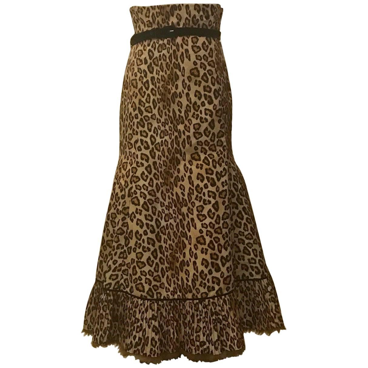 Alexander McQueen 2005 Runway Tan Leopard Print  Wiggle Skirt Fur Trim Belt