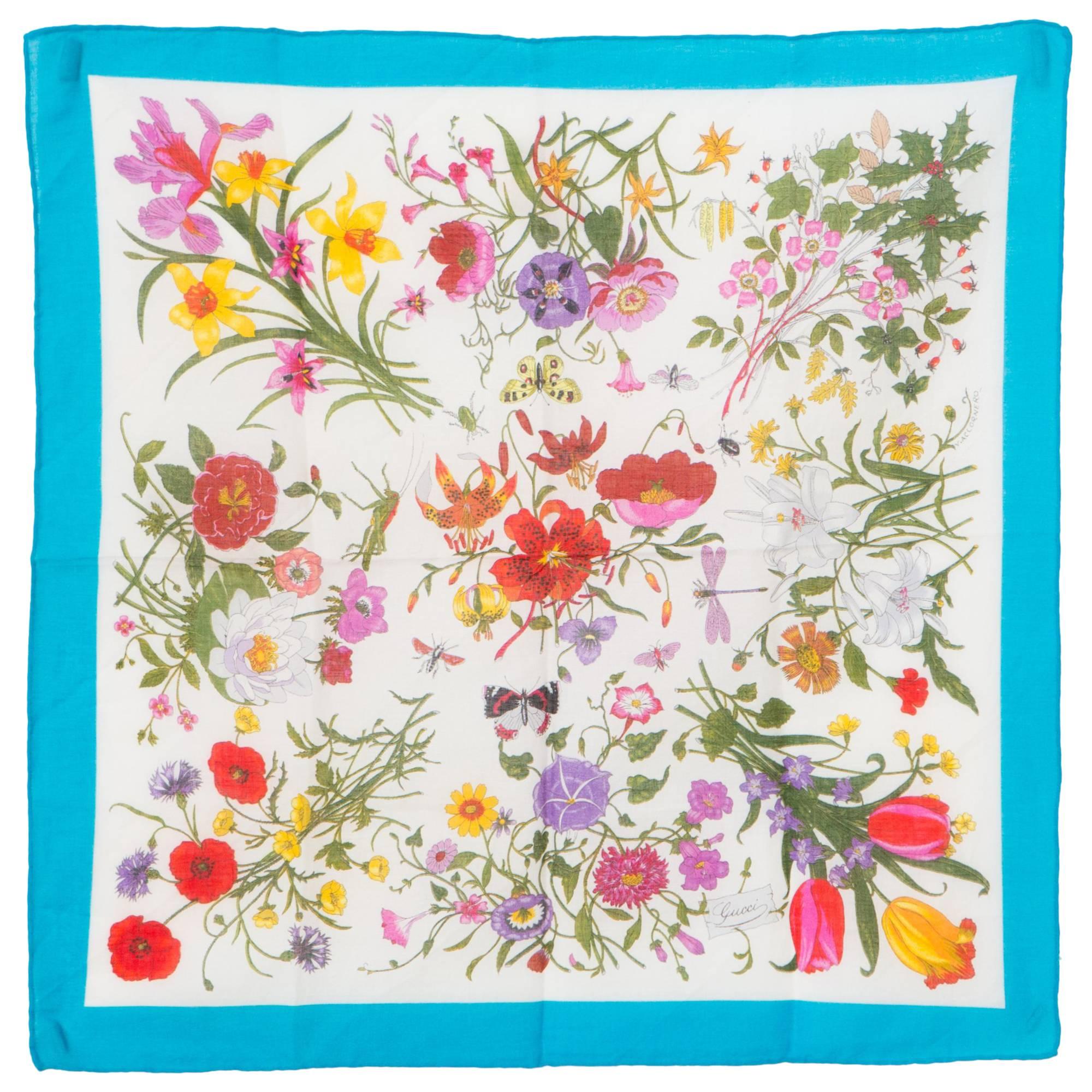 Gucci Flora Printed Cotton Scarf Turquoise Border