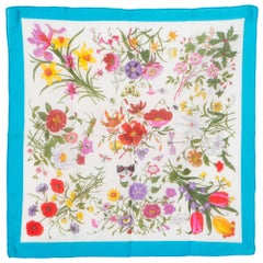 Gucci Flora Printed Cotton Scarf Turquoise Border 1