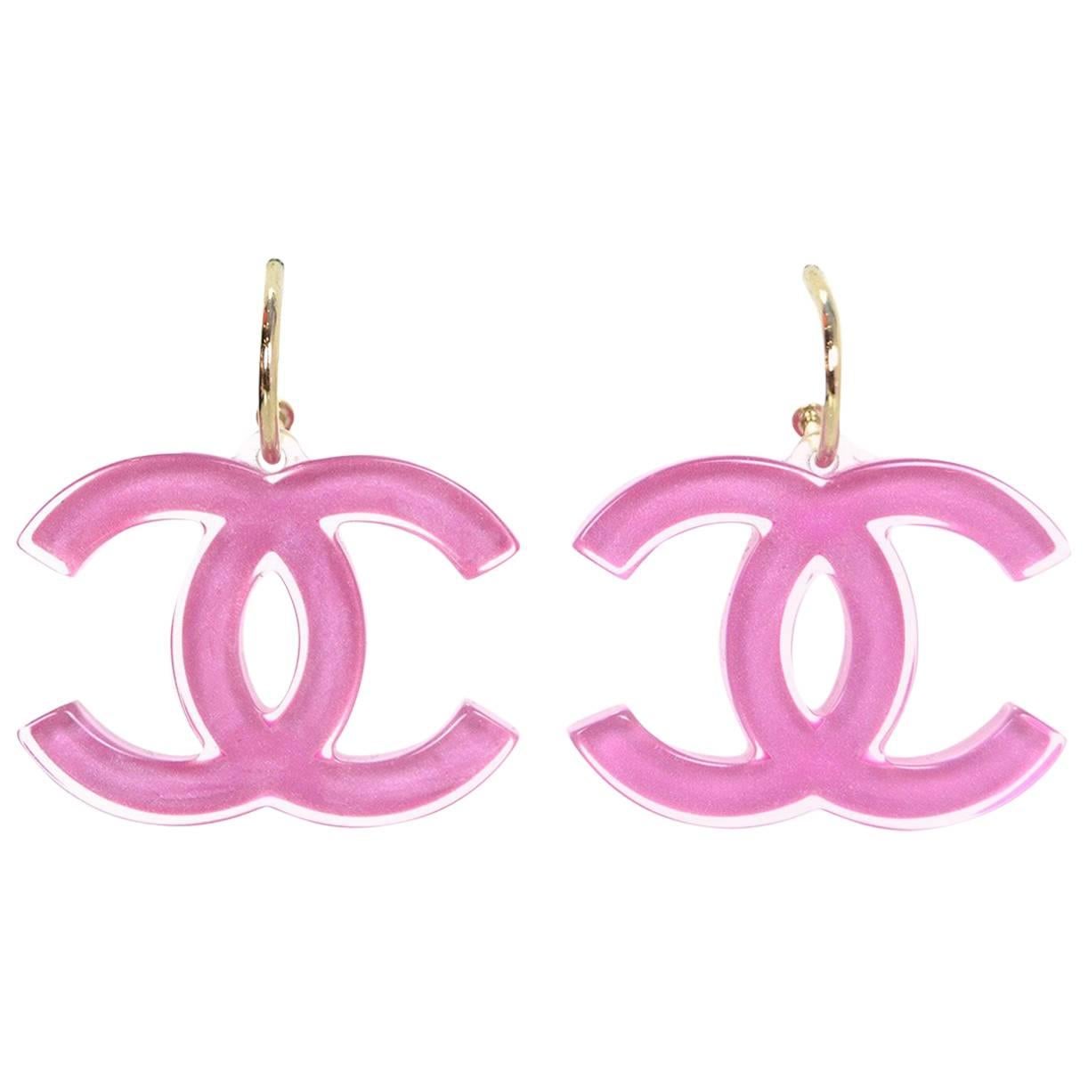 Chanel Pink Resin XL CC Pierced Earrings For Sale at 1stDibs