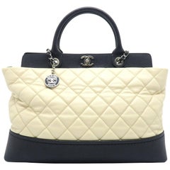 Chanel Nude/ Black Quilting Calfskin Leather Silver Metal Shoulder Tote Bag