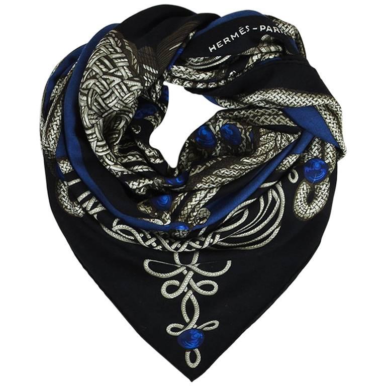 Hermes Blue Black & Gray Cashmere & Silk Printed "Brandebourgs" Shawl Scarf For Sale