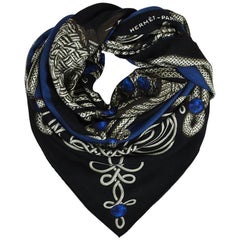 Hermes Blue Black & Gray Cashmere & Silk Printed "Brandebourgs" Shawl Scarf