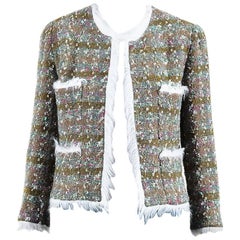 Chanel Boutique Olive Green Multicolor Tweed Wool Faux Fur Trim Jacket