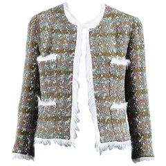 Chanel Boutique Olive Green Multicolor Tweed Wool Faux Fur Trim Jacket 2