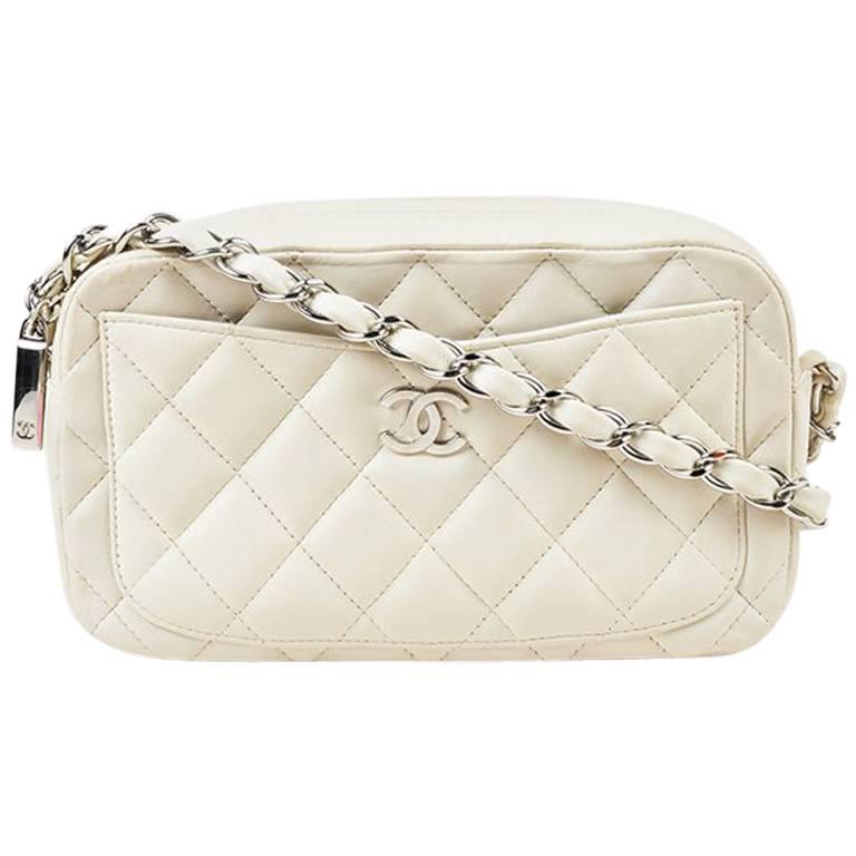 Chanel Cream Quilted Leather Camera Chain Strap Shoulder Bag For