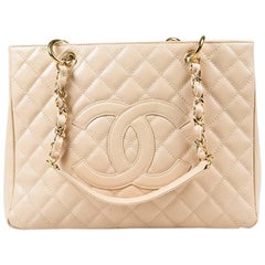 Chanel Beige Caviar Leather Quilted 'CC' GST "Grand Shopping Tote" Bag